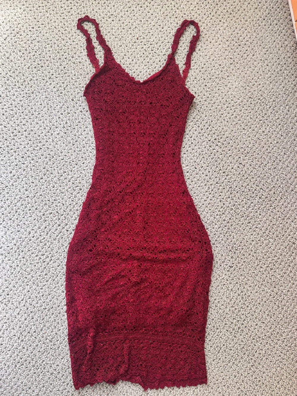 90s vintage knit lined red burgundy bodycon dress romantic XS